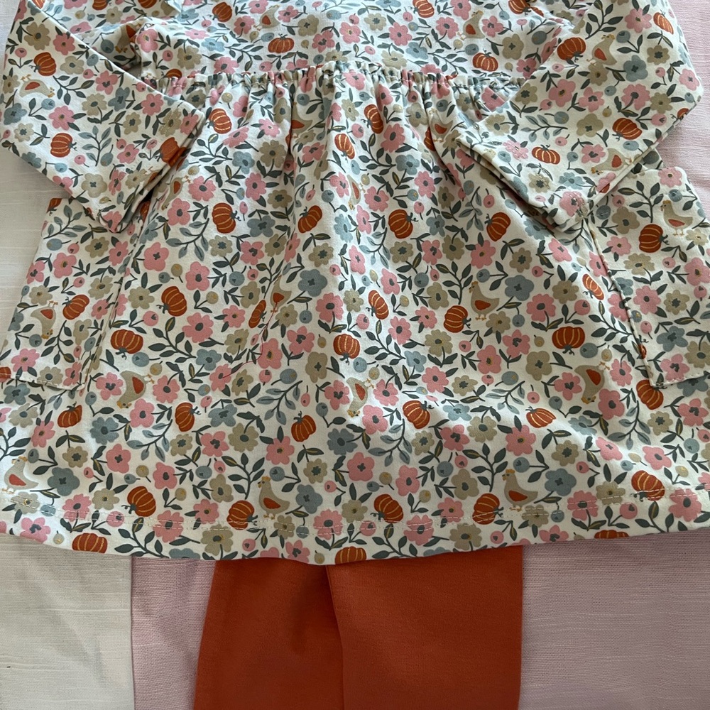 NWT Minibamba Floral and Pumpkin Print Dress with Orange Leggings.  24 months
